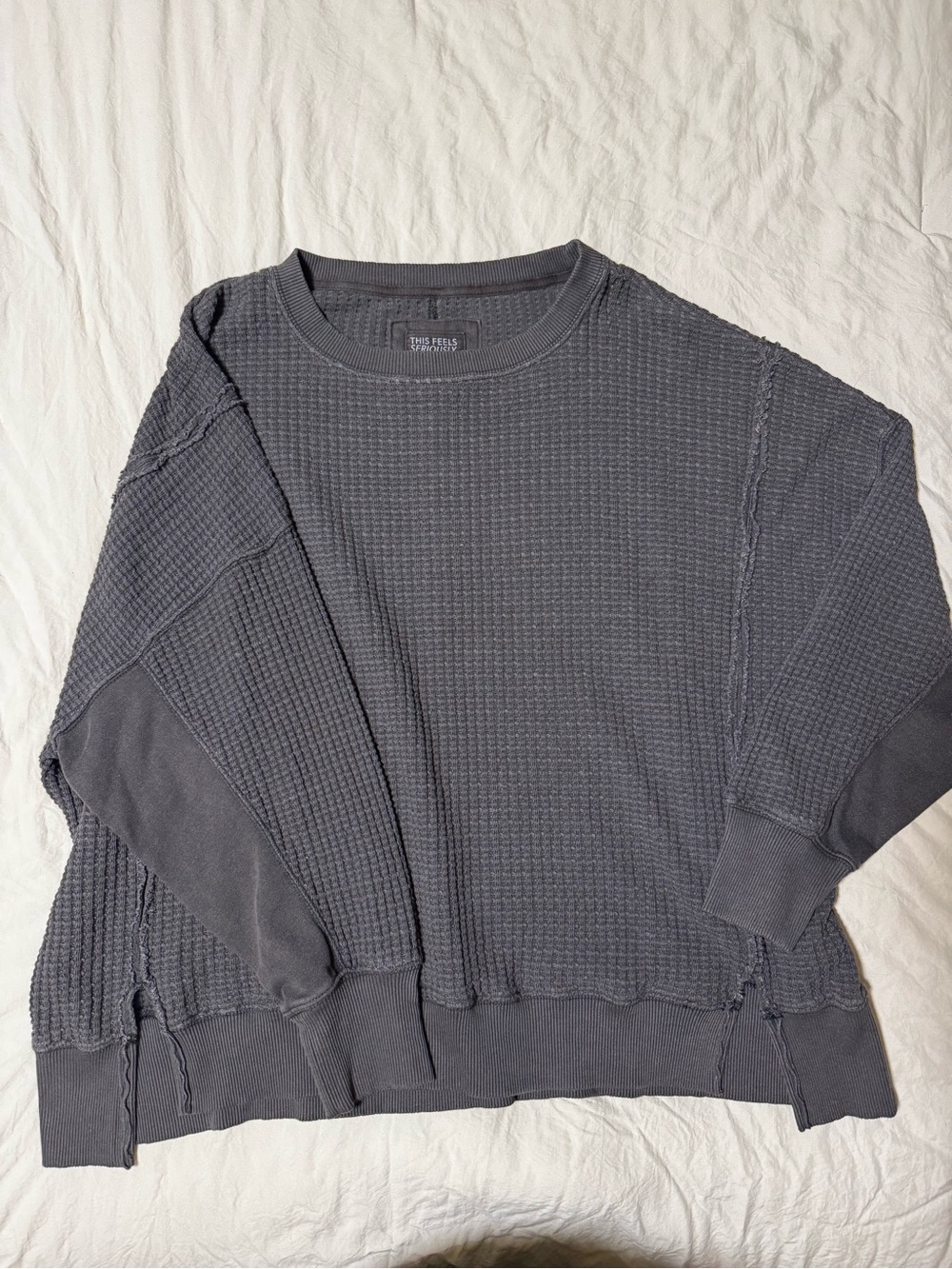 American Eagle Women’s Oversized Big Hug Waffle Crew Neck Sweatshirt Black Sz M